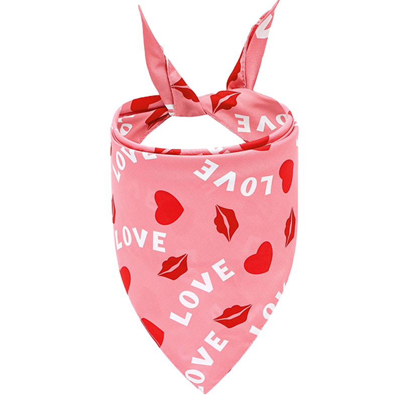 Printed Love Dog Bandana Pink dog bandana with 'LOVE' text, red hearts, and kiss marks, perfect for Valentine's day, machine and hand washable.
