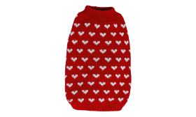 Printed Heart Sweater for Dogs Dog wearing a cosy red sweater with white heart patterns, lightweight and comfortable for pets to wear.