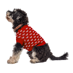 Dog wearing a cosy red sweater with white heart patterns, perfect for warmth and style during colder seasons.