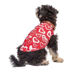 Dog wearing a red Valentine's Day-themed vest with red and white heart, designed as a festive and stylish pup outfit.