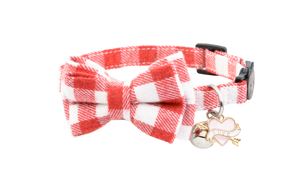 Bow Tie Cat Collar with Bell and Heart Charm Red and white checkered bow tie cat collar with a bell and heart 'love' charm, soft and adjustable fabric for comfort.