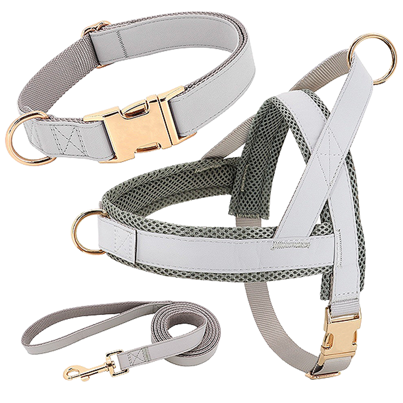 Dog Harness Kit with Collar and Leash Silver dog harness kit with matching collar and leash, lightweight, durable and long-lasting, comfortable and secure fit.