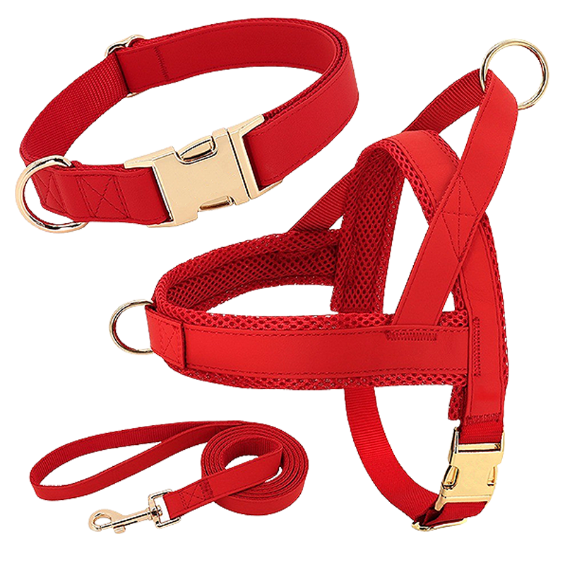Dog Harness Kit with Collar and Leash Red dog harness kit with matching collar and leash, lightweight, durable and long-lasting, comfortable and secure fit.
