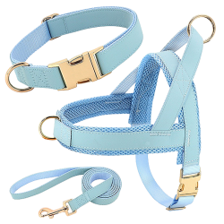 Light blue dog harness kit with matching collar and leash, lightweight, long-lasting, comfortablee and secure fit.