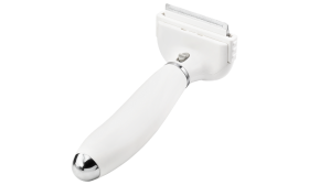 Dog and Cat Deshedding Brush Small white deshedding brush for dogs with fine metal teeth and handle, to reduce shedding and remove loose fur.