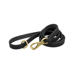 Black luxury genuine leather dog leash, 150 cm in length and comfortable, with gold metal clasp and ring for durability.