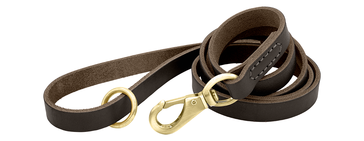 Luxury Genuine Leather Dog Leash Brown luxury genuine leather dog leash, 150 cm in length and comfortable, with gold metal clasp and ring for durability.