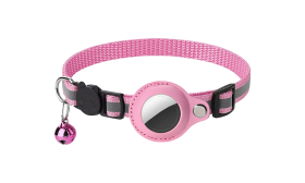 Reflective Breakaway Cat Collar with AirTag Holder Reflective pink breakaway cat collar with an AirTag holder, adjustable and lightweight for comfort, with pink bell.