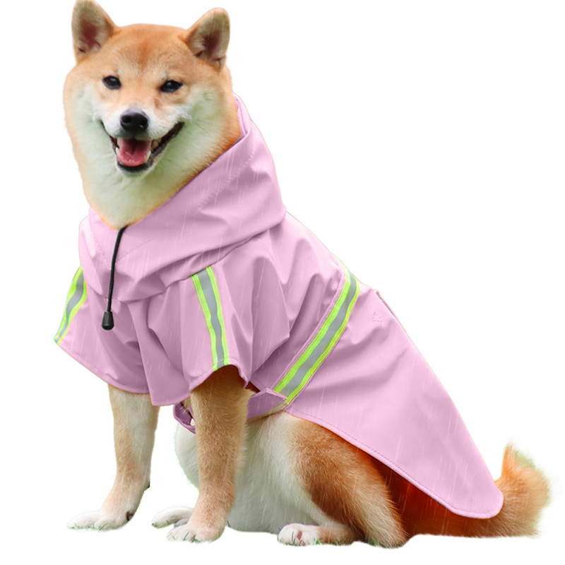 Waterproof Dog Raincoat with Reflective Strip Shiba Inu in a waterproof pink raincoat with reflective strips, easy on and off straps, for rainy walks.