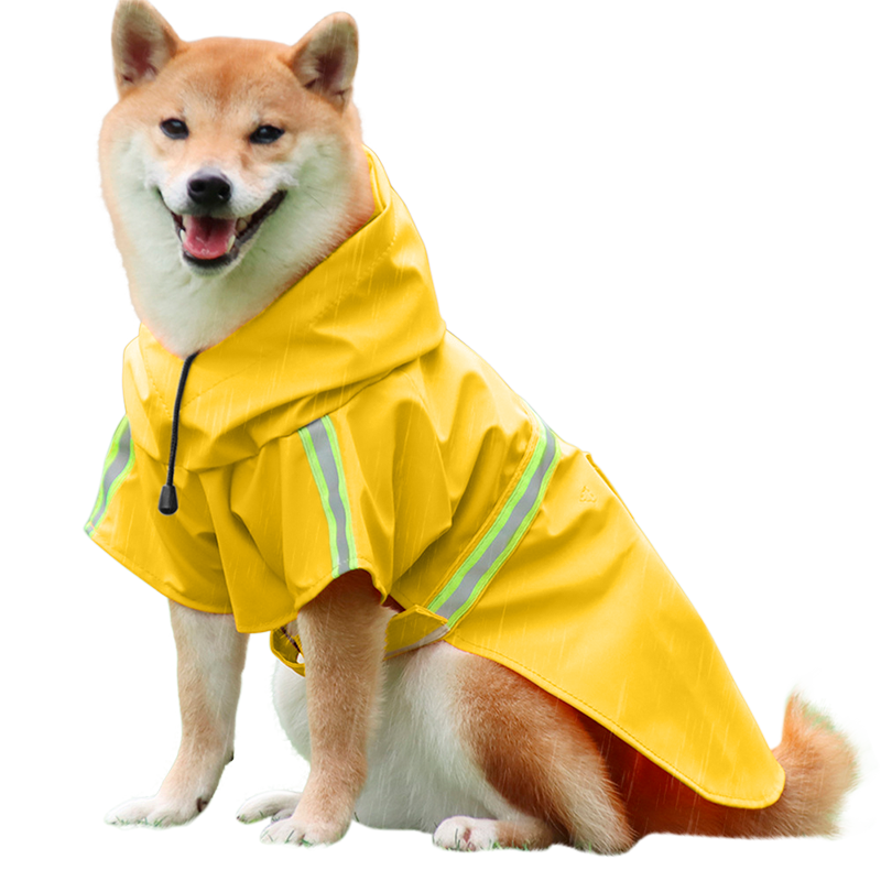 Waterproof Dog Raincoat with Reflective Strip Shiba Inu in a waterproof yellow raincoat with reflective strips, easy on and off straps, for rainy walks.