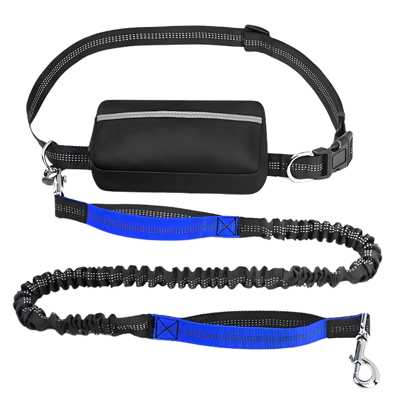 Hands Free Dog Leash with Adjustable Waist Belt and Pouch Blue hands-free dog leash with adjustable waist belt and storage pouch, extending from 27 to 48 inches, for safe running.