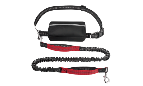 Red hands-free dog leash with adjustable waist belt and storage pouch, extending from 27 to 48 inches, for safe running.