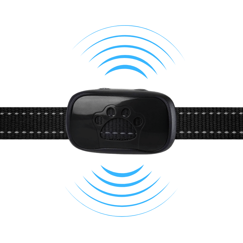 No-Shock Anti Bark Collar for Dogs No-shock anti-bark dog collar with a paw print design, featuring sound and vibration detection for humane bark control.