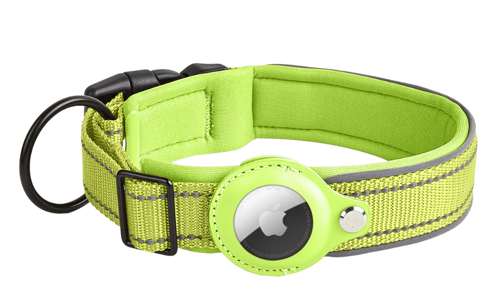 Reflective Airtag Dog Collar Green reflective dog collar with Airtag holder, adjustable, lightweight nylon, for dog tracking and visibility.