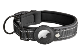 Reflective Airtag Dog Collar Black reflective dog collar with Airtag holder, adjustable, lightweight nylon, for dog tracking and visibility.