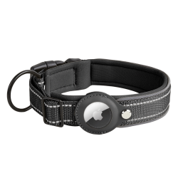 Black reflective dog collar with Airtag holder, adjustable, lightweight nylon, for dog tracking and visibility.