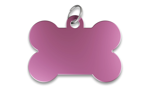 Pink bone shaped dog tag with smooth finish, with a silver ring, customisable with engraved dog name.