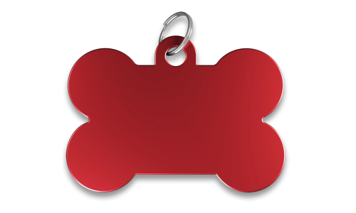 Red bone shaped dog tag with smooth finish, with a silver ring, customisable with engraved dog name.