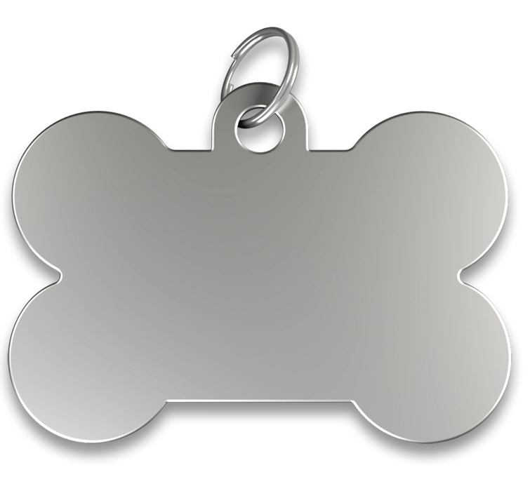 Engraved Bone Dog Tag Silver bone shaped dog tag with smooth finish, with a silver ring, customisable with engraved dog name.