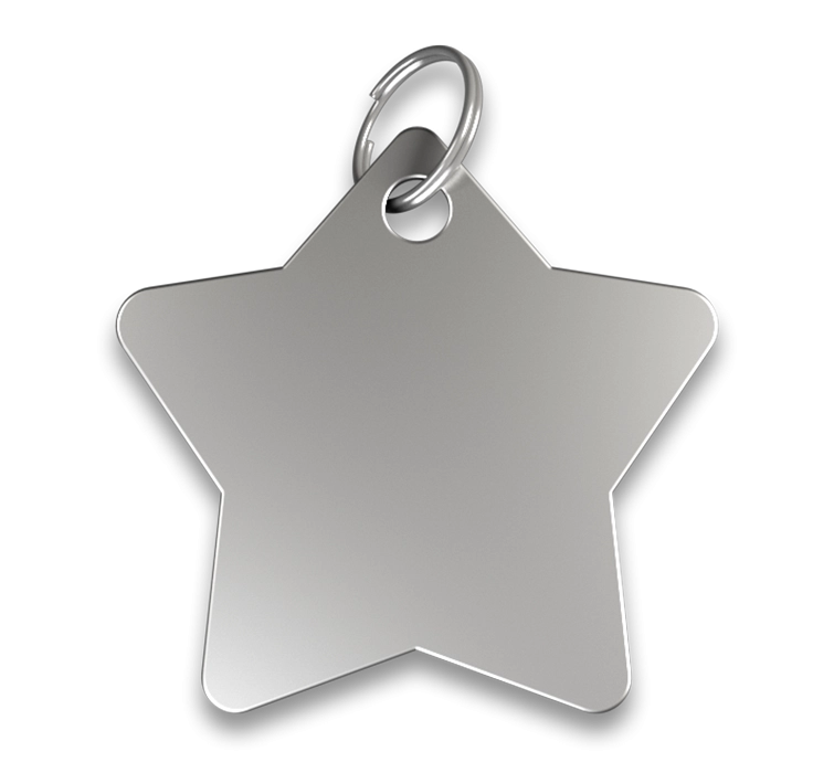 Engraved Star Dog Tag Silver star shaped dog tag with smooth finish, with a silver ring, customisable with engraved dog name.