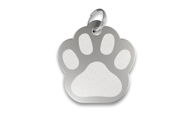 Engraved Paw Dog Tag Silver paw shaped dog tag with smooth finish, with a silver ring, customisable with engraved dog name.