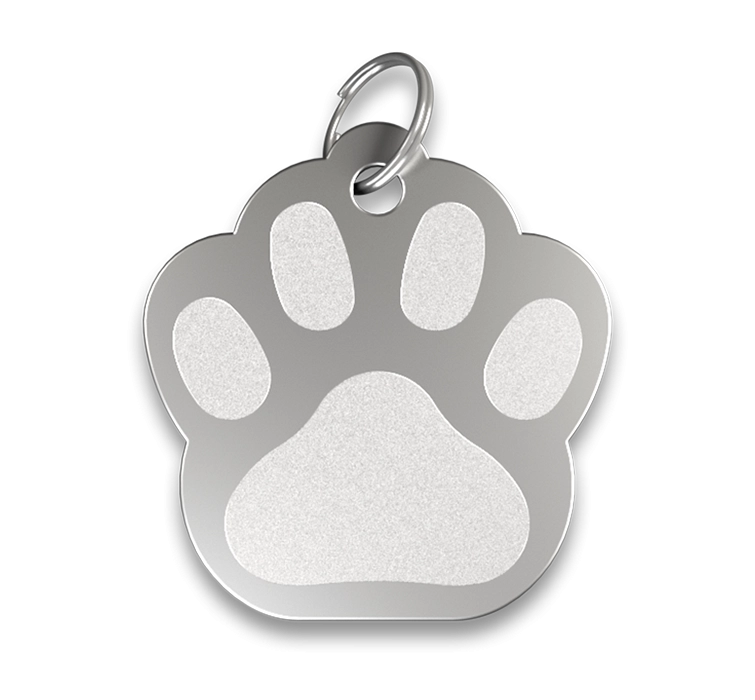 Engraved Paw Dog Tag Silver paw shaped dog tag with smooth finish, with a silver ring, customisable with engraved dog name.
