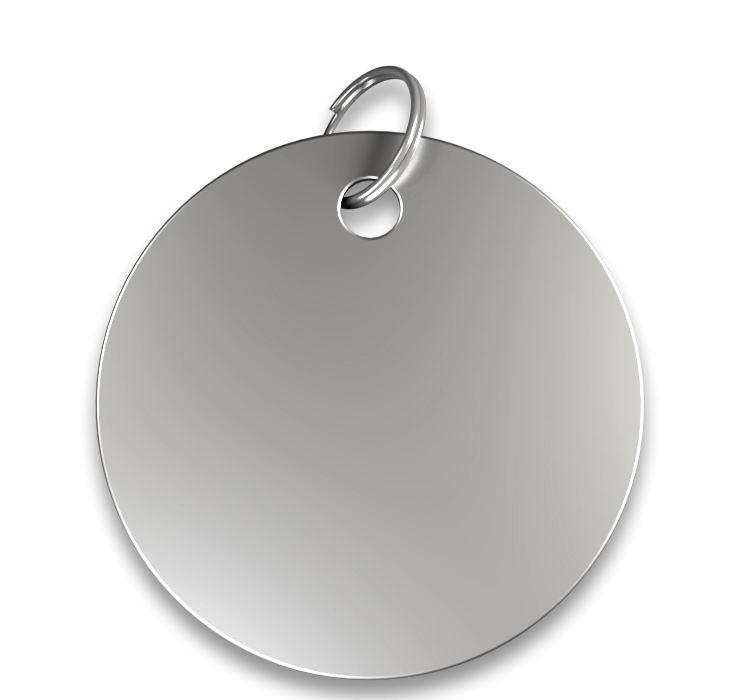Engraved Circle Dog Tag Silver round shaped dog tag with smooth finish, with a silver ring, customisable with engraved dog name.
