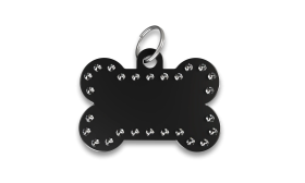 Luxury Bone Dog Tag Black luxury bone shaped dog tag with rhinestones and silver ring, customisable with personalised dog name.