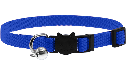 Essential Breakaway Cat Collar Adjustable breakaway cat collar in blue, lightweight, with a safety buckle with cat design and a small silver bell.