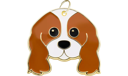Engraved dog tag shaped like a Cavalier King face, with a smiling expression and gold outline, designed for dog id tags.