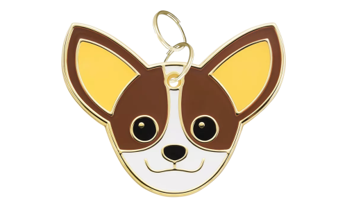 Engraved dog tag shaped like a Chihuahua  face, with a cute, smiling expression and gold outline, designed for dog id tags.