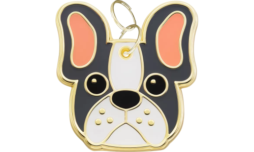 Engraved dog tag shaped like a French Bulldog face, with a smiling expression and gold outline, designed for dog id tags.