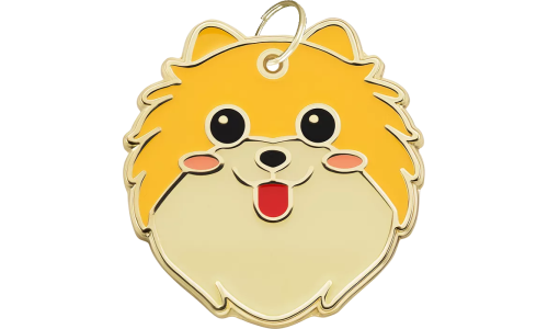 Engraved dog tag shaped like a Pomeranian face, with a cute, smiling expression and gold outline, designed for dog id tags.