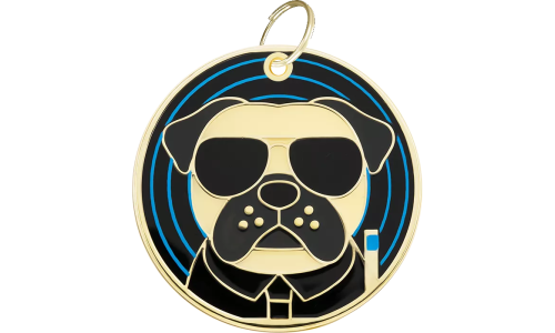 Glow-in-the-dark round dog tag featuring a Pug face wearing sunglases, lightweight for dog comfort, with engravable area.