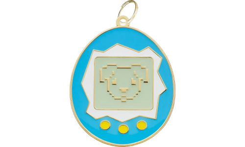 Tamagotchi retro dog tag with pixelated dog face with yellow buttons, with gold ring, for dog ID tags with nostalgic charm.