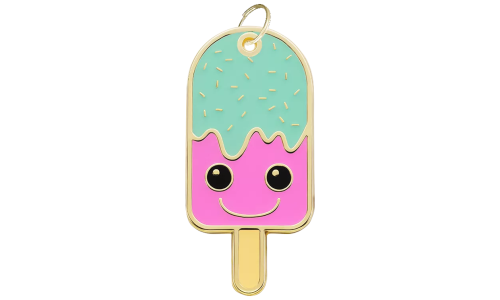 Popsicle-shaped dog tag with a smiling face, pink and mint green colours, gold ring, customisable with dog name.