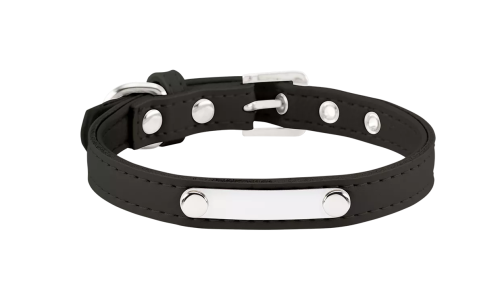Classic black dog collar with built-in ID plate for dog name engraving, 10.6 - 13.4 inches in length and 0.59 inches wide.