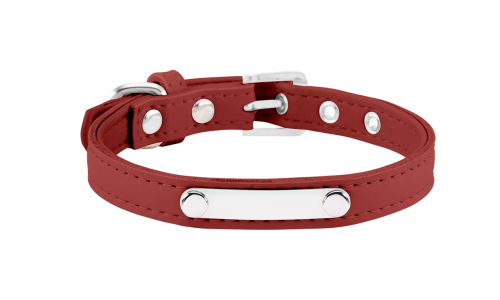 Classic red dog collar with built-in ID plate for dog name engraving, 10.6 - 13.4 inches in length and 0.59 inches wide.
