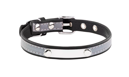 Reflective black dog collar with built-in ID plate for dog name engraving, 10.6 - 13.4 inches in length and 0.59 inches wide.