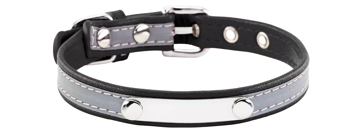 Reflective Engraved Dog Collar Reflective black dog collar with built-in ID plate for dog name engraving, 10.6 - 13.4 inches in length and 0.59 inches wide.