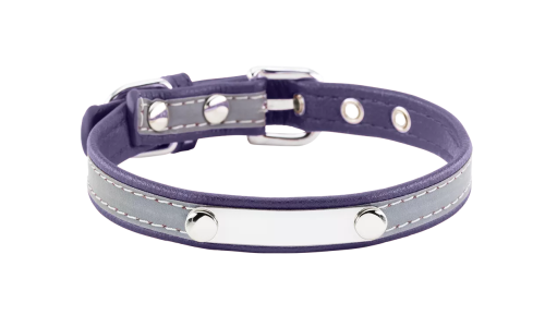 Reflective violet dog collar with built-in ID plate for name engraving, 10.6 - 13.4 inches in length and 0.59 inches wide.