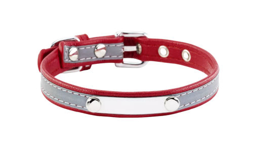 Reflective red dog collar with built-in ID plate for name engraving, 10.6 - 13.4 inches in length and 0.59 inches wide.