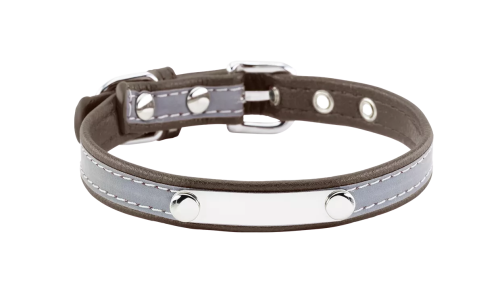 Reflective brown dog collar with built-in ID plate for dog name engraving, 10.6 - 13.4 inches in length and 0.59 inches wide.