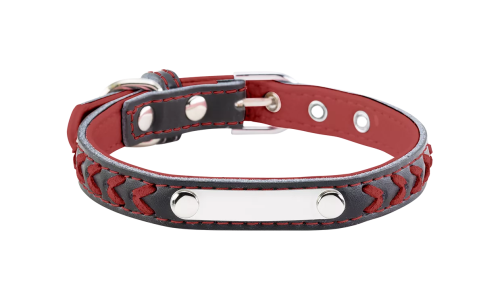 Braided red dog collar with built-in ID plate for dog name engraving, 10.6 - 13.4 inches in length and 0.59 inches wide.