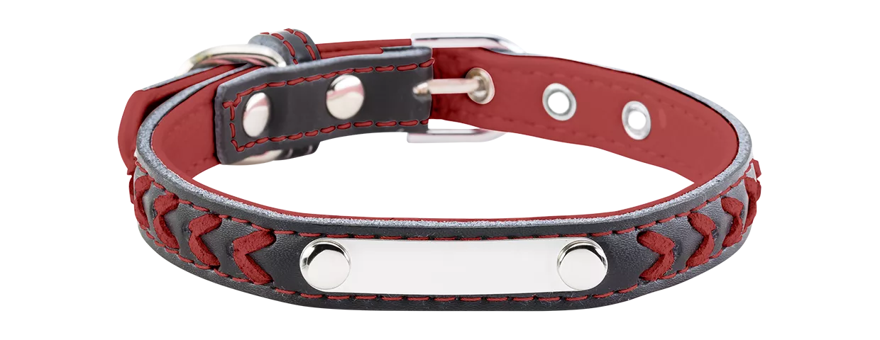 Braided Engraved Dog Collar Braided red dog collar with built-in ID plate for dog name engraving, 10.6 - 13.4 inches in length and 0.59 inches wide.