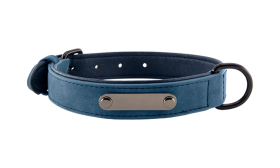 Luxury Velvet Engraved Dog Collar Blue luxury velvet dog collar with built-in ID plate for name engraving, 35 - 37cm in length and 1.7cm wide, with D-ring.