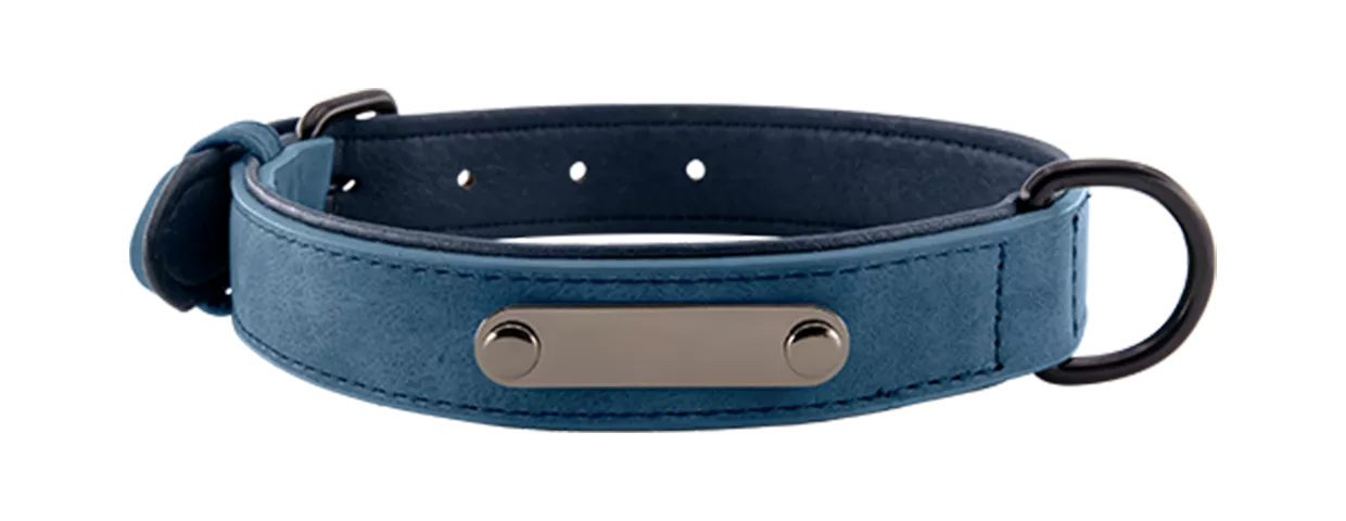 Luxury Velvet Engraved Dog Collar Blue luxury velvet dog collar with built-in ID plate for name engraving, 35 - 37cm in length and 1.7cm wide, with D-ring.