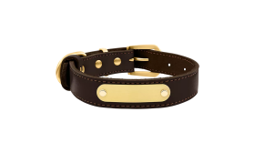Luxury Genuine Leather Engraved Dog Collar Luxury genuine leather dog collar in brown with built-in gold ID plate for name engraving, 47-51cm in length and 2.5 cm wide.