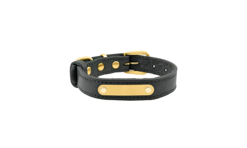 Luxury genuine leather dog collar in black with built-in gold ID plate for name engraving, 37-40cm in length and 2 cm wide.