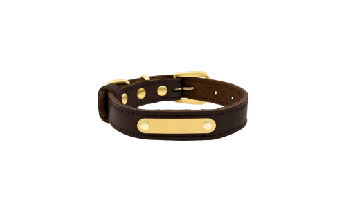 Luxury genuine leather dog collar in brown with built-in gold ID plate for name engraving, 37-40cm in length and 2 cm wide.